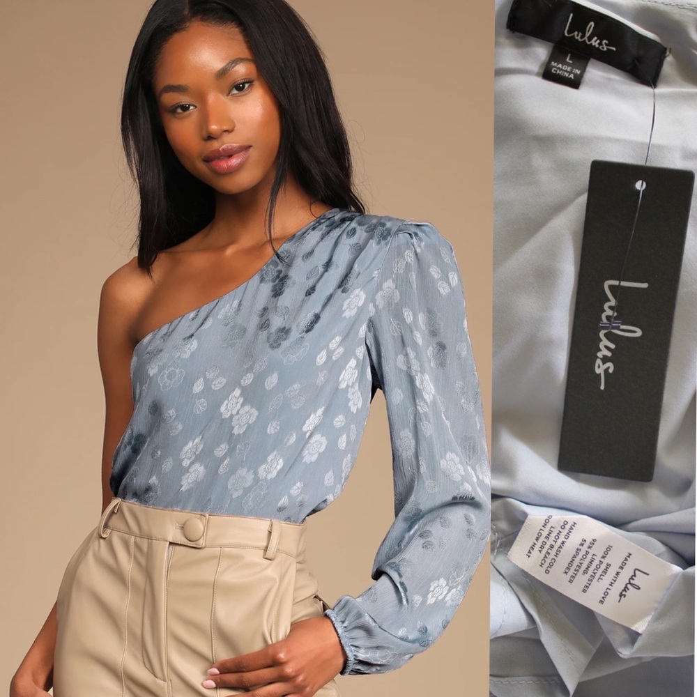 Lulus NWT Stay Lovely Dusty Blue Floral Jacquard Satin One-Shoulder Top Large - Picture 1 of 10